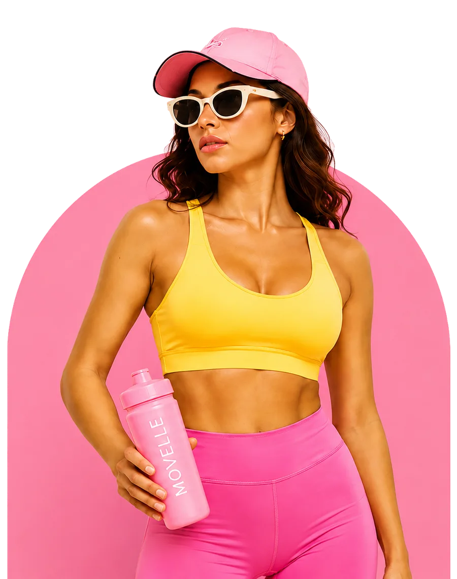 Movelle model in a yellow activewear top and pink cap